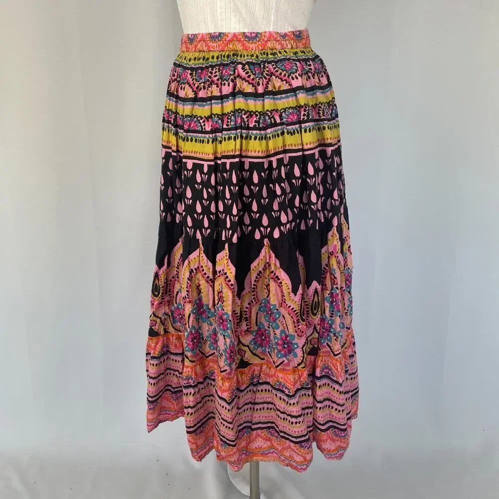 Soft Surroundings Midi Skirt Small Petite PS Pink Tiered Broomstick Boho Hippie